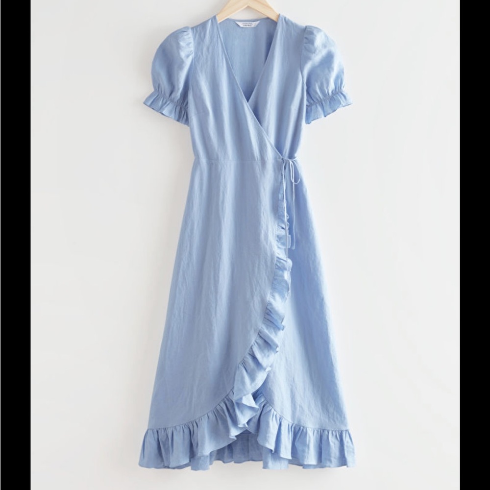 Light Blue Wrap Midi Dress with Ruffle Trim